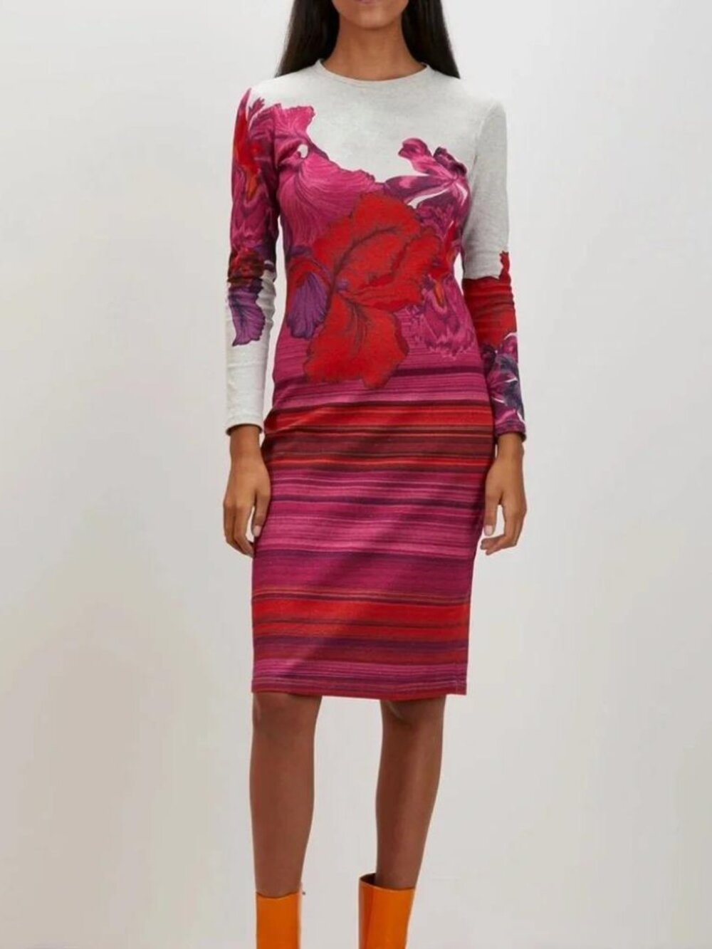 The Kit. Midi Tee Dress in Striped Iris stretch knit jersey colorful flowers L